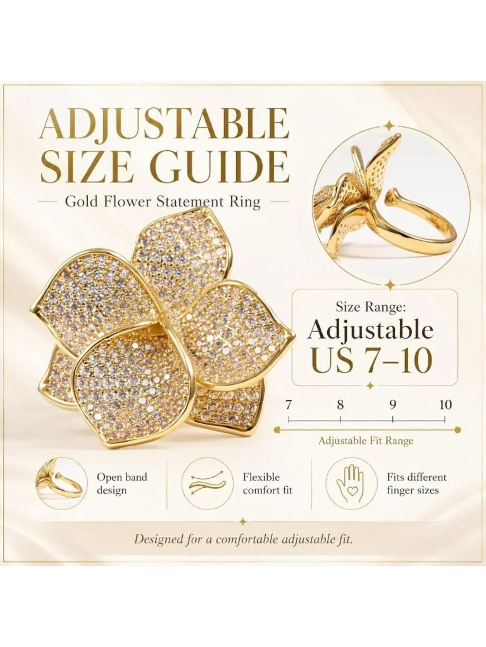 Adjustable Gold Flower Statement Ring with Cubic Zirconia - Chunky Floral